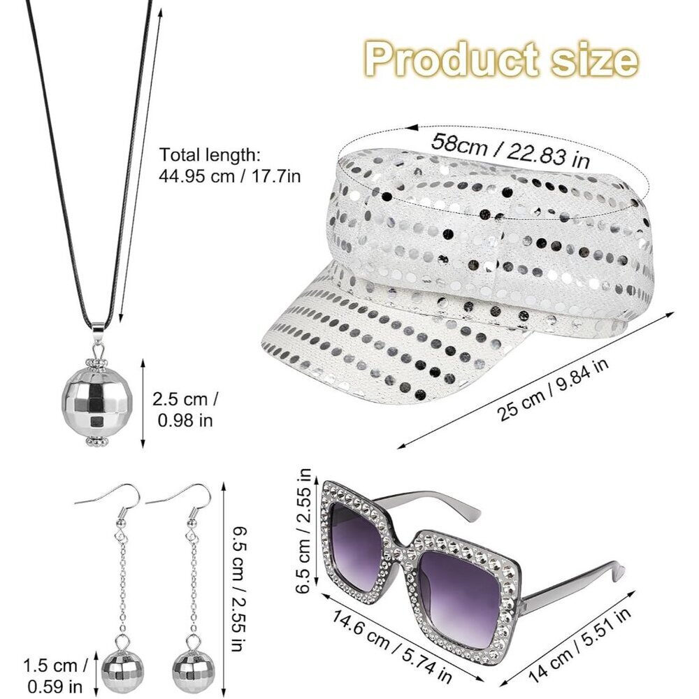 4PCS Disco Costume Accessories Set Sequin Hat Earrings Sunglasses Necklace for W - Picture 2 of 8